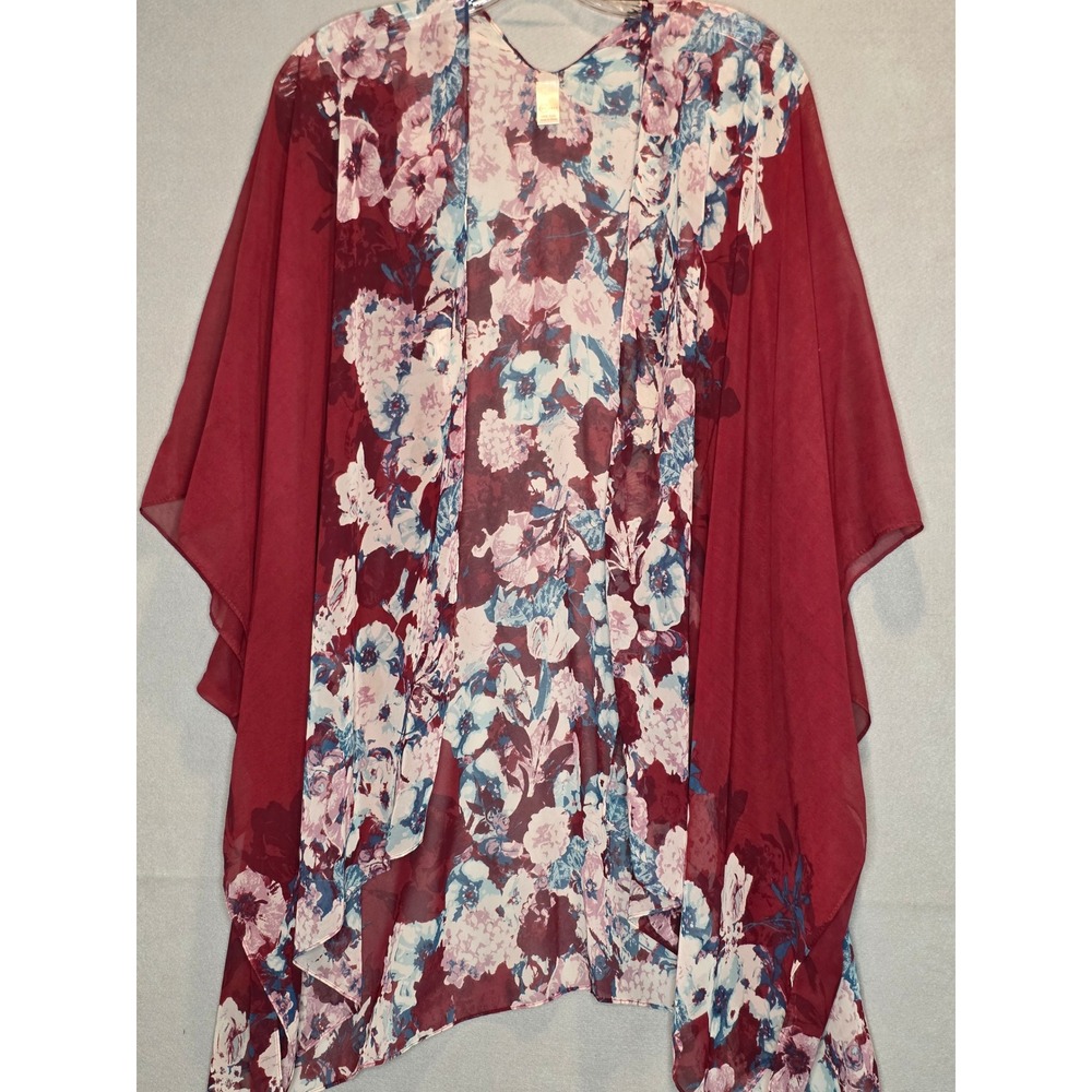 C Est 1946 Floral Kimono Wrap Burgundy Blue Sheer Chiffon One Size Cardigan